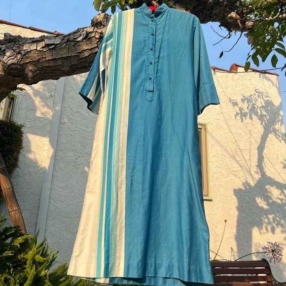 Vtg 70s Catherine Ogust Blue White Stripe Cotton Caftan Dress | Mandarin Collar - Picture 15 of 15